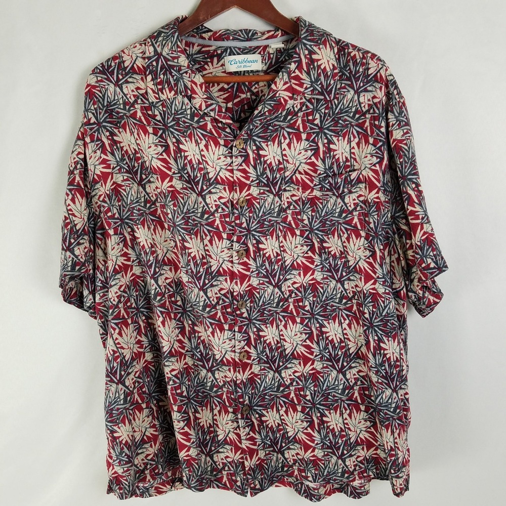 Caribbean Silk Blend Mens Leaf Print‎ Short Sleeve Button Up Shirt 2XB Hawaiian